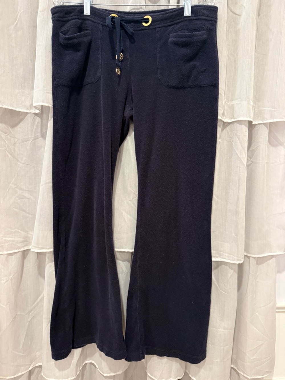 Tory Burch navy blue terry cloth Drawstring Pants with Gold Accents